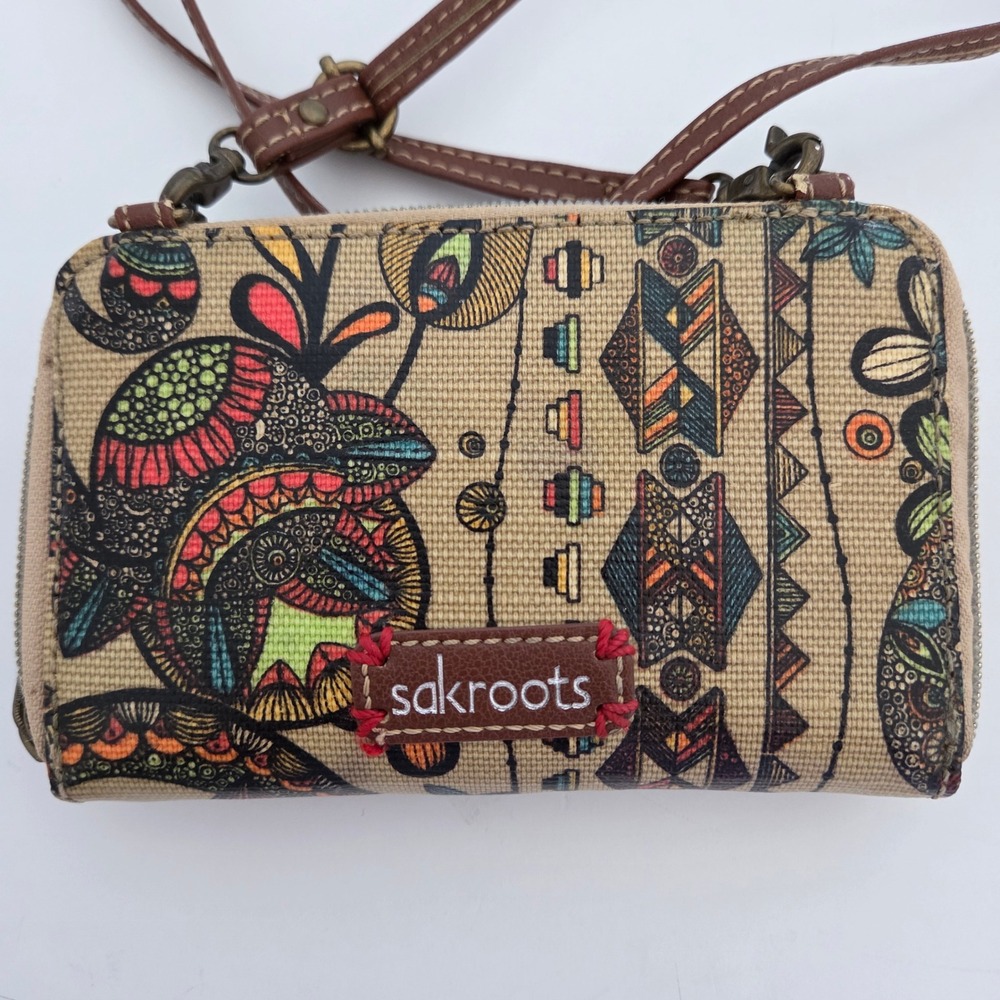 Sakroots Crossbody Wallet Multicolor Owl Print Coated Canvas Womens Small - Picture 3 of 7